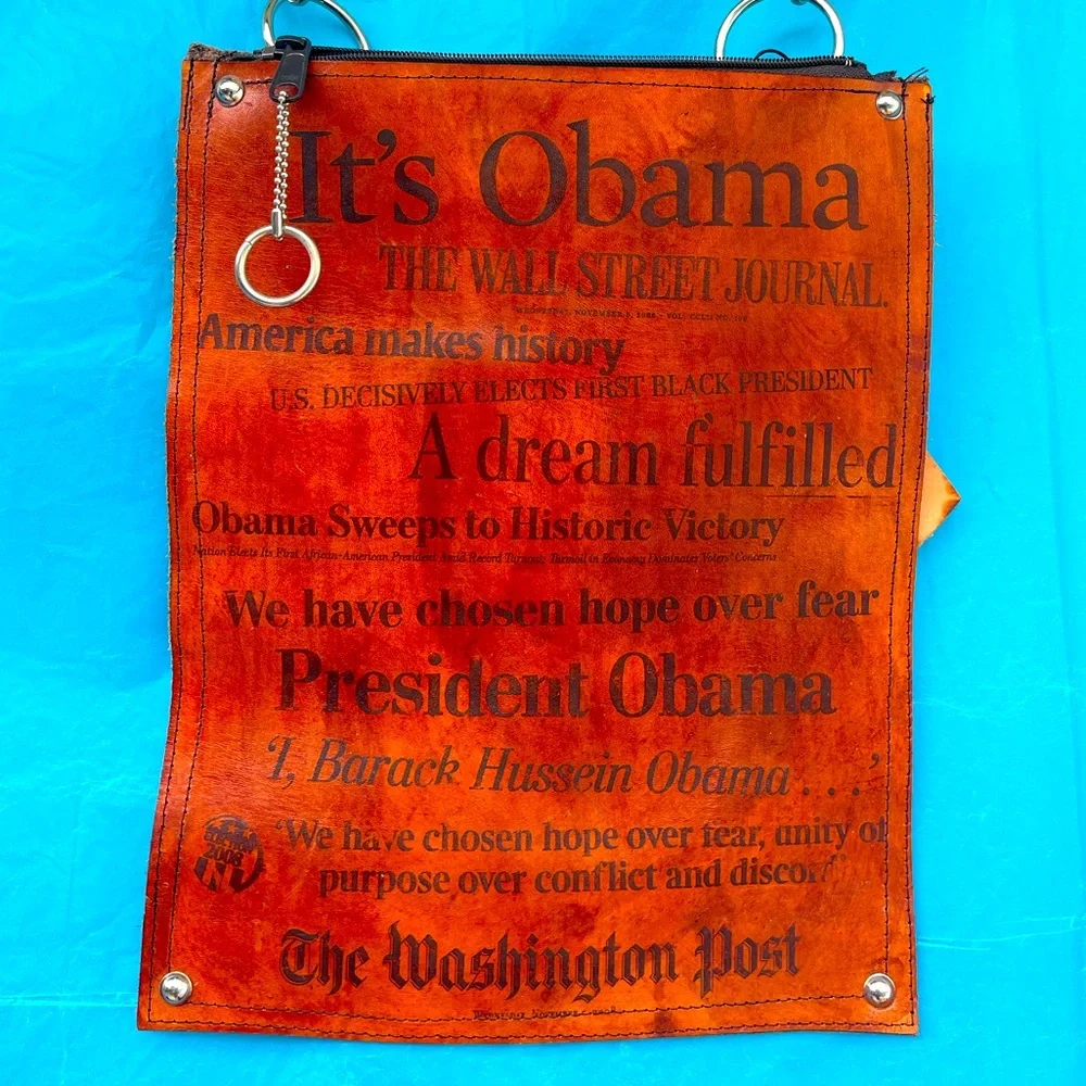 OBAMA PRINTED WALL STREET JOURNAL Genuine leather bag by ARMANDO JAVIER